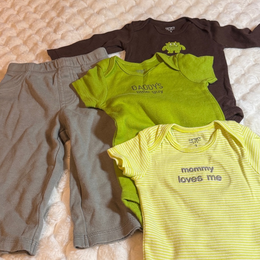 Set of Three Baby Onesies in Green and Brown